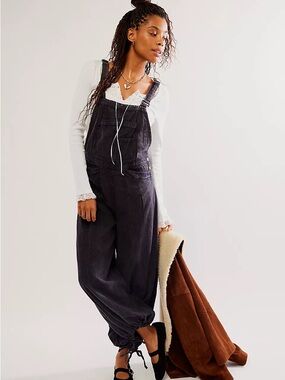 Free People Black soft washed denim overalls - follow the sun line
